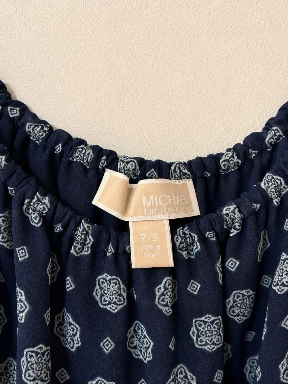 Michael Kors Navy Floral Long-Sleeve Ruffle Neck Dress